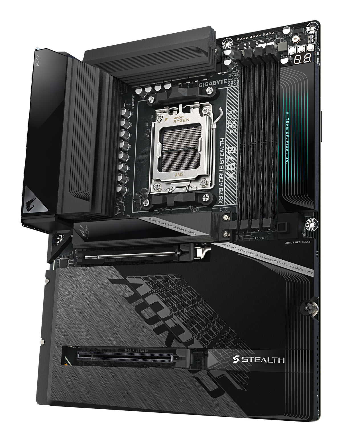 GIGABYTE X870 AORUS STEALTH Mainboard - Unterstützt AMD Ryzen 9000 CPUs, digitales 16+2+2-Phasen-VRM, bis zu 8200MHz DDR5 (O.C.), 2xPCIe 5.0 + 2xPCIe 4.0, Wi-Fi 7, 5GbE LAN, USB 4