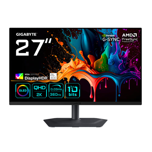 GIGABYTE MO27Q3 27” OLED QHD Gaming-Monitor - 2560 x 1440, 360Hz, 0.03ms, 250 cd/m², G-Sync Kompatibel, FreeSync Premium Pro, Display HDR True Black 400, HDMI 2.1, DisplayPort 1.4