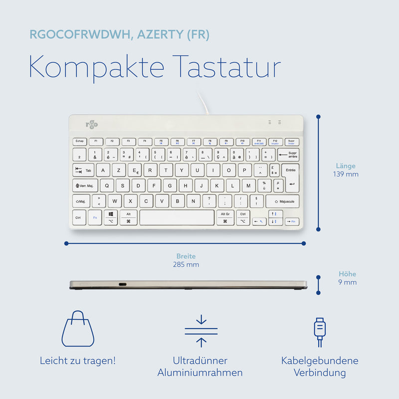 R-Go Tools Ergonomische Tastatur R-Go Compact Break, kompakte Tastatur mit Pausensoftware, AZERTY (FR), Kabelgebunden, Weiß