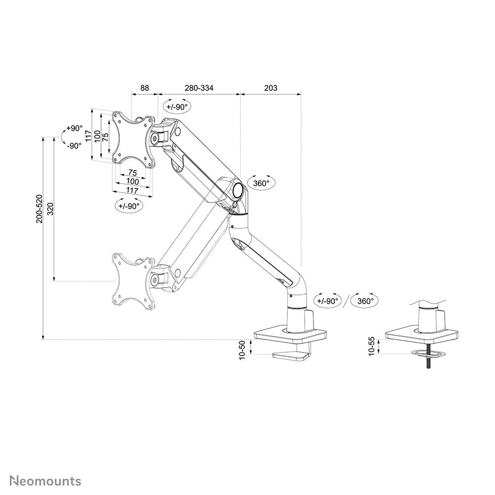 Neomounts DS70S-950WH1 Monitorarm 17-49" - Gasfeder - Topfix - 180°-Stopp
