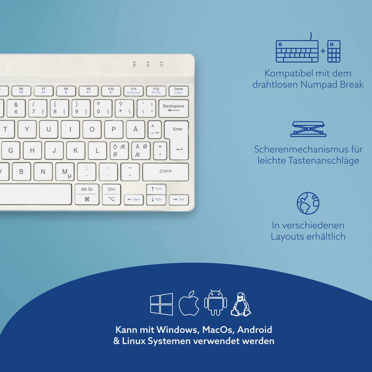 R-Go Tools Ergonomische Tastatur R-Go Compact Break, kompakte Tastatur mit Pausensoftware, QWERTY (NORDIC), Bluetooth, Weiß