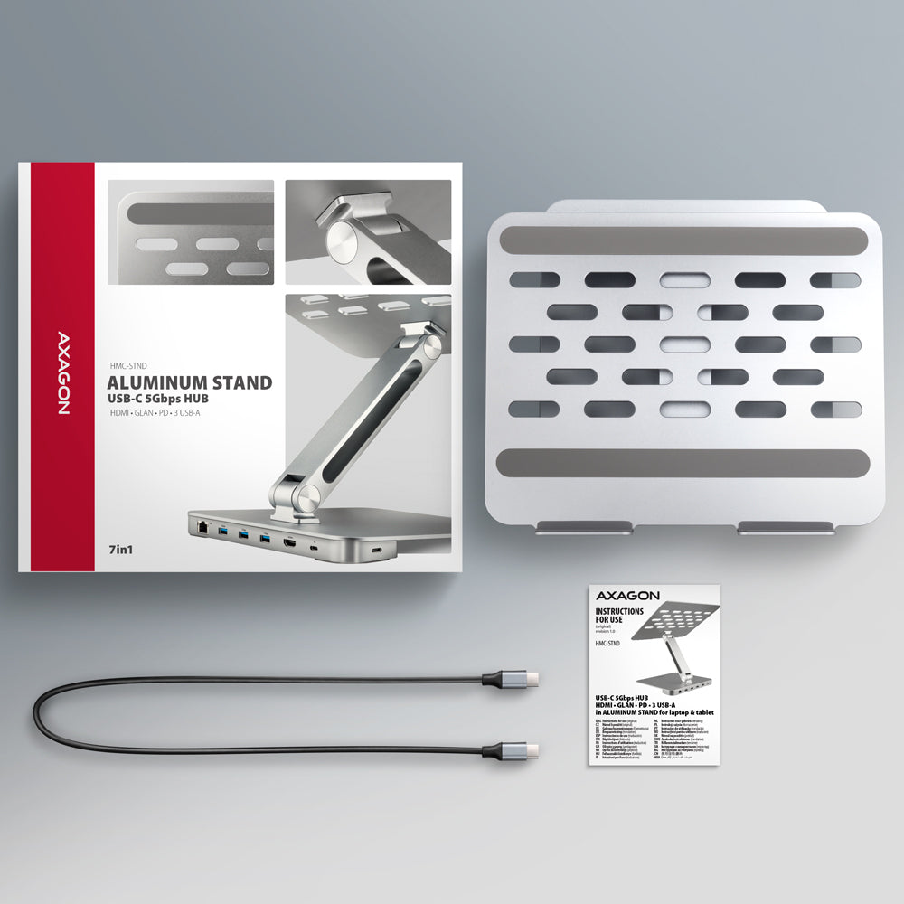Axagon HMC-STND Multiport USB-C 5Gbps Hub und Aluminiumständer für Laptops. HDMI 4k/60Hz, GLAN, PD und 3 USB-A-Anschlüsse. Kabel USB-C 60 cm.