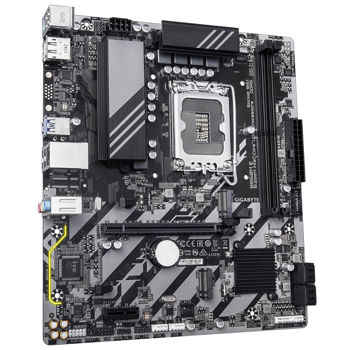 GIGABYTE B860M E Mainboard - Intel Core Ultra Series CPUs, 4+1+2 Phasen VRM, bis zu 8800MHz DDR5 (O.C), 2xPCIe 4.0 M.2, 1GbE LAN, USB 3.2 Gen 1