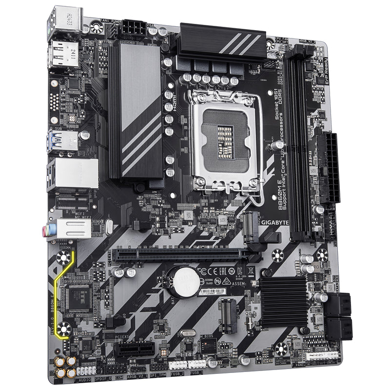 GIGABYTE B860M E Mainboard - Intel Core Ultra Series CPUs, 4+1+2 Phasen VRM, bis zu 8800MHz DDR5 (O.C), 2xPCIe 4.0 M.2, 1GbE LAN, USB 3.2 Gen 1