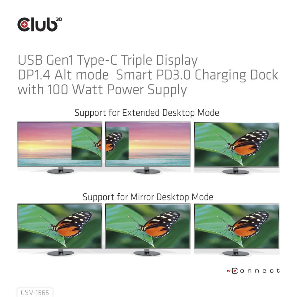 CLUB3D Dockingstation USB Gen1 Typ-C Dreifach-Display DP1.4 Alt-Modus Smart PD3.0 mit 100-Watt-Netzteil