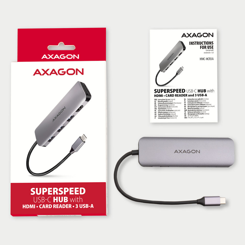 Axagon HMC-HCR3A 3x USB-A+ HDMI+ SD/microSD USB-C 3.2 Gen 1 hub 20cm Kabelgebunden USB 3.2 Gen 1 (3.1 Gen 1) Type-C Grau