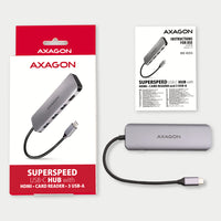 Axagon HMC-HCR3A 3x USB-A+ HDMI+ SD/microSD USB-C 3.2 Gen 1 hub 20cm Kabelgebunden USB 3.2 Gen 1 (3.1 Gen 1) Type-C Grau