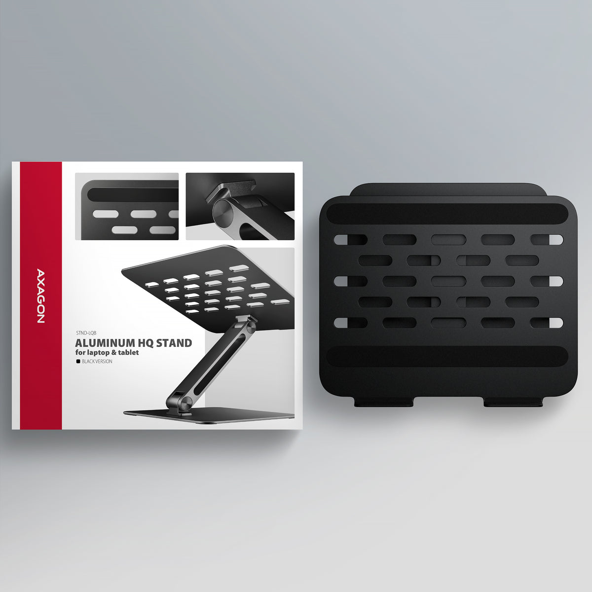 Axagon STND-LQB HQ-Ständer aus Aluminium für Laptops der Größe 10"–17.3". Verstellbare Höhe und Winkel. Schwarze Version.