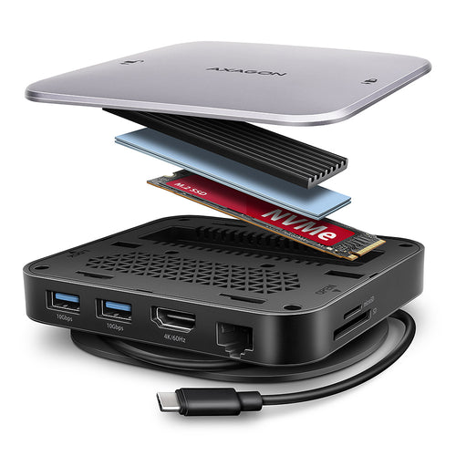 Axagon HMC-UFO USB-C Hub M.2 SATA/NVMe 1 Gbit/s Ethernet 384 kHz Audio Kabelgebunden USB 3.2 Gen 2 (3.1 Gen 2) Type-C Schwarz