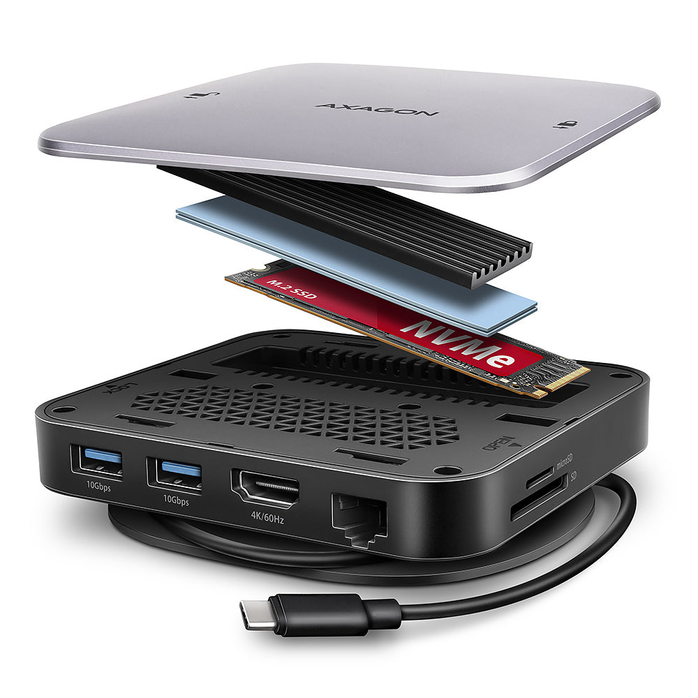 Axagon HMC-UFO USB-C Hub M.2 SATA/NVMe 1 Gbit/s Ethernet 384 kHz Audio Kabelgebunden USB 3.2 Gen 2 (3.1 Gen 2) Type-C Schwarz