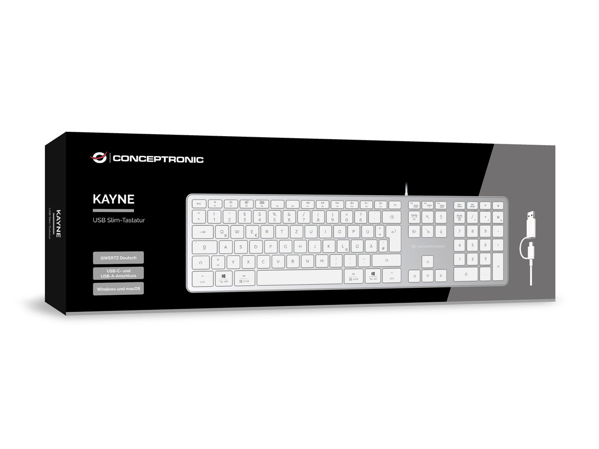 Conceptronic KAYNE02WDE USB Slim-Tastatur, QWERTZ Deutsch, kompatibel mit Windows und macOS