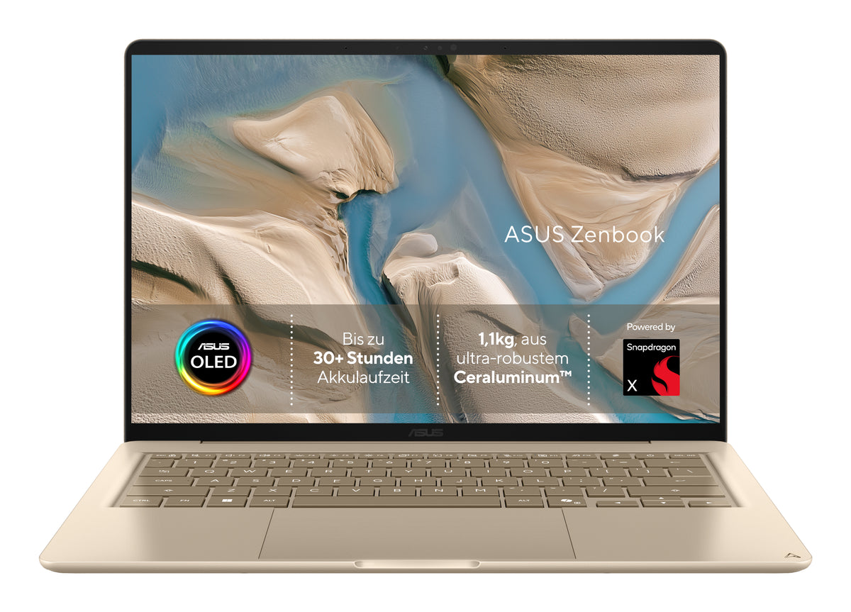 ASUS Zenbook 14 UX3480QA-U1157W Copilot+ PC Snapdragon X1-26-100 Laptop 35,6 cm (14") WUXGA 16 GB LPDDR5x-SDRAM 512 GB SSD Wi-Fi 6E (802.11ax) Windows 11 Home Beige QWERTZ Deutsch