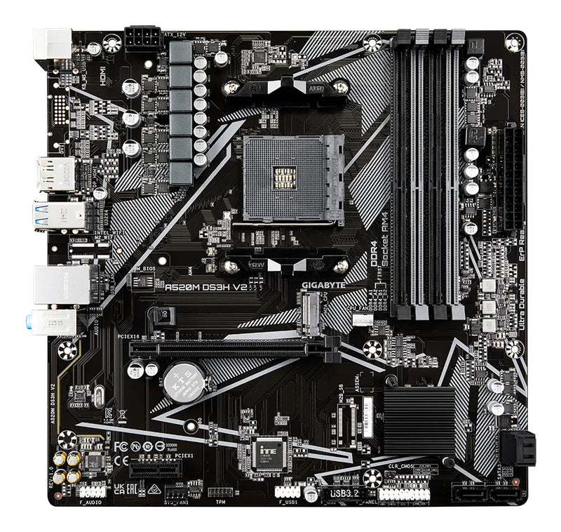GIGABYTE A520M DS3H V2 Mainboard - Unterstützt AMD Ryzen 5000 Serie AM4 CPUs, bis zu 4733 MHz DDR4 (OC), PCIe 3.0 x16, GbE LAN, USB 3.2 Gen 1
