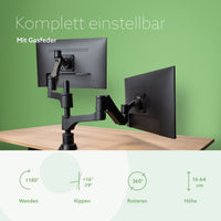 R-Go Tools Monitorarm R-Go Caparo, verstellbarer Doppelmonitorarm mit Gasfeder, 100% Zirkular, 3-9 kg Tragkraft, schwarz