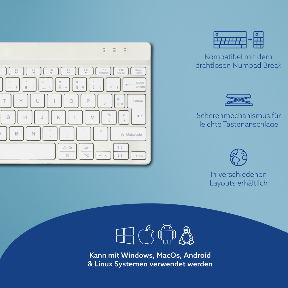 R-Go Tools Ergonomische Tastatur R-Go Compact Break, kompakte Tastatur mit Pausensoftware, AZERTY (FR), Bluetooth, Weiß