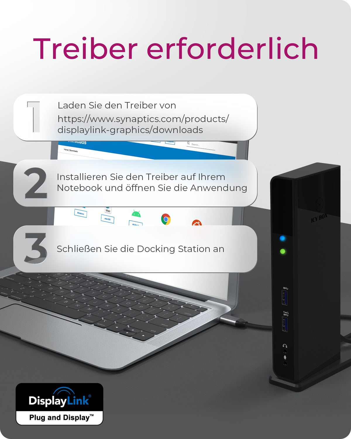 ICY BOX IB-DK2251AC, DisplayLink® USB 3.2 Gen 1 Notebook DockingStation, 2x HDMI® bis zu 2K@60 Hz