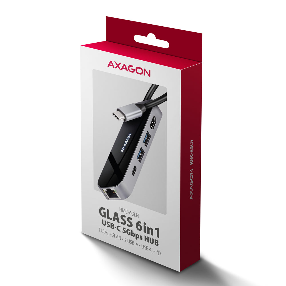 Axagon HMC-6GLN USB 5Gbps hub, 2x USB-A, USB-C, HDMI 4k/60Hz, RJ-45, PD 100W, USB-C Kabel