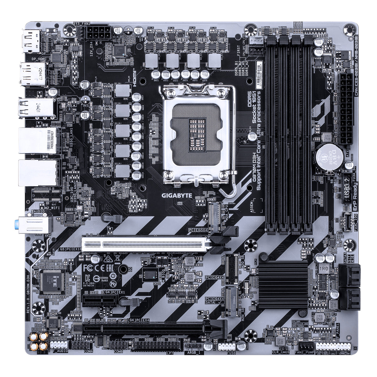 GIGABYTE Q870M D3H Mainboard – Intel Core Ultra (Serie 2) CPUs, 4+1+2-Phasen-VRM, bis zu 6400 MHz DDR5 (O.C), 2× PCIe-4.0-M.2, 2.5-GbE-LAN, USB 3.2 Gen 2