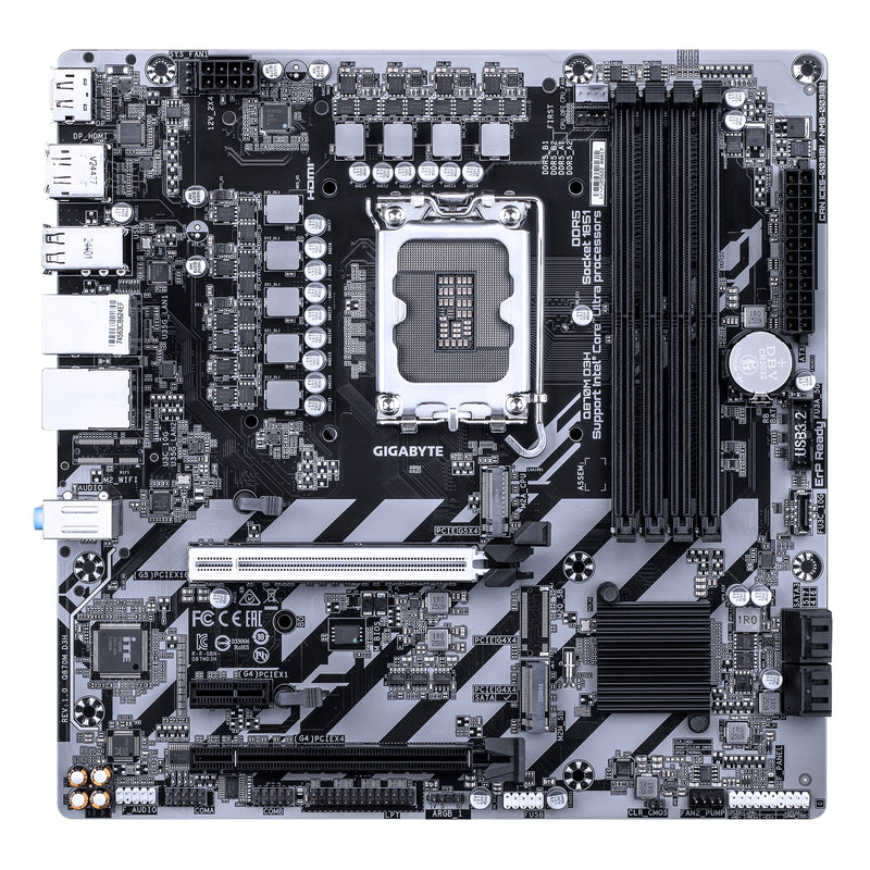 GIGABYTE Q870M D3H Mainboard – Intel Core Ultra (Serie 2) CPUs, 4+1+2-Phasen-VRM, bis zu 6400 MHz DDR5 (O.C), 2× PCIe-4.0-M.2, 2.5-GbE-LAN, USB 3.2 Gen 2