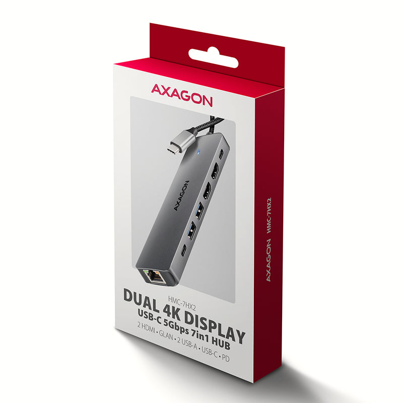 Axagon HMC-7HX2 USB 5Gbps hub, 2x USB-A, USB-C, 2x HDMI 4k/60Hz, RJ-45, PD 100W