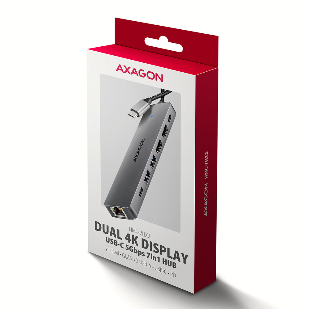 Axagon HMC-7HX2 USB 5Gbps hub, 2x USB-A, USB-C, 2x HDMI 4k/60Hz, RJ-45, PD 100W