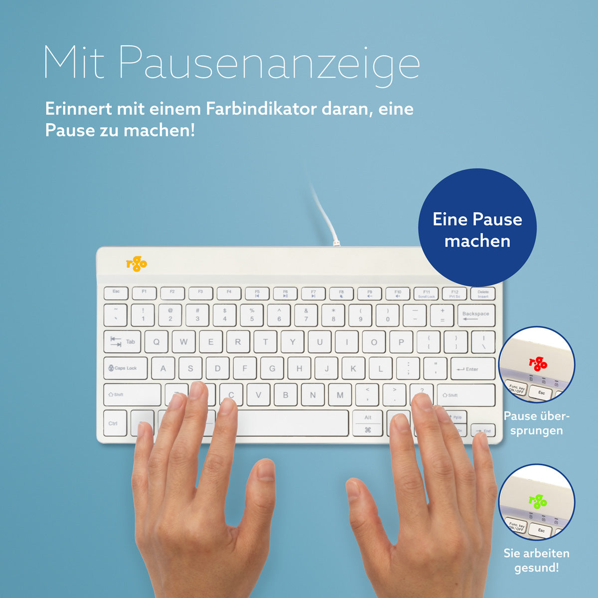 R-Go Tools Ergonomische Tastatur R-Go Compact Break, kompakte Tastatur mit Pausensoftware, QWERTY (US), Kabelgebunden, Weiß