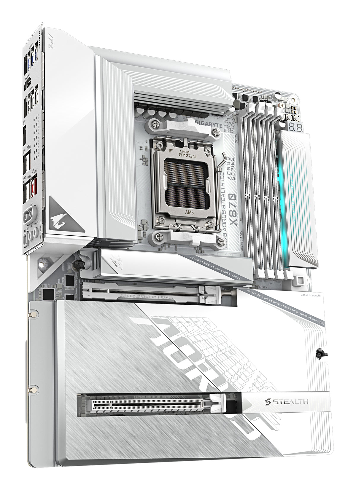 GIGABYTE X870 AORUS STEALTH ICE Mainboard – Unterstützt AMD Ryzen 9000 CPUs, digitales 16+2+2 Phasen VRM, bis zu 8200 MHz DDR5 (OC), 2 x PCIe 5.0 + 2 x PCIe 4.0, Wi-Fi 7, 5 GbE LAN, USB 4