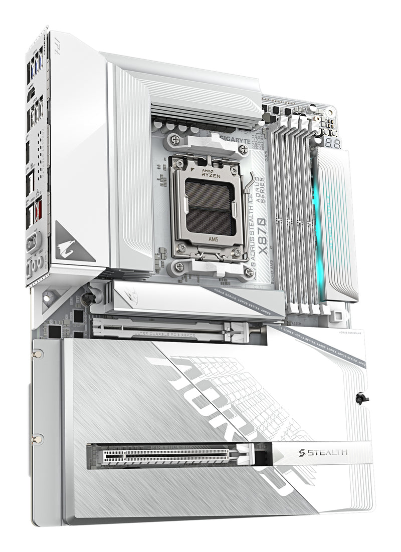 GIGABYTE X870 AORUS STEALTH ICE Mainboard – Unterstützt AMD Ryzen 9000 CPUs, digitales 16+2+2 Phasen VRM, bis zu 8200 MHz DDR5 (OC), 2 x PCIe 5.0 + 2 x PCIe 4.0, Wi-Fi 7, 5 GbE LAN, USB 4