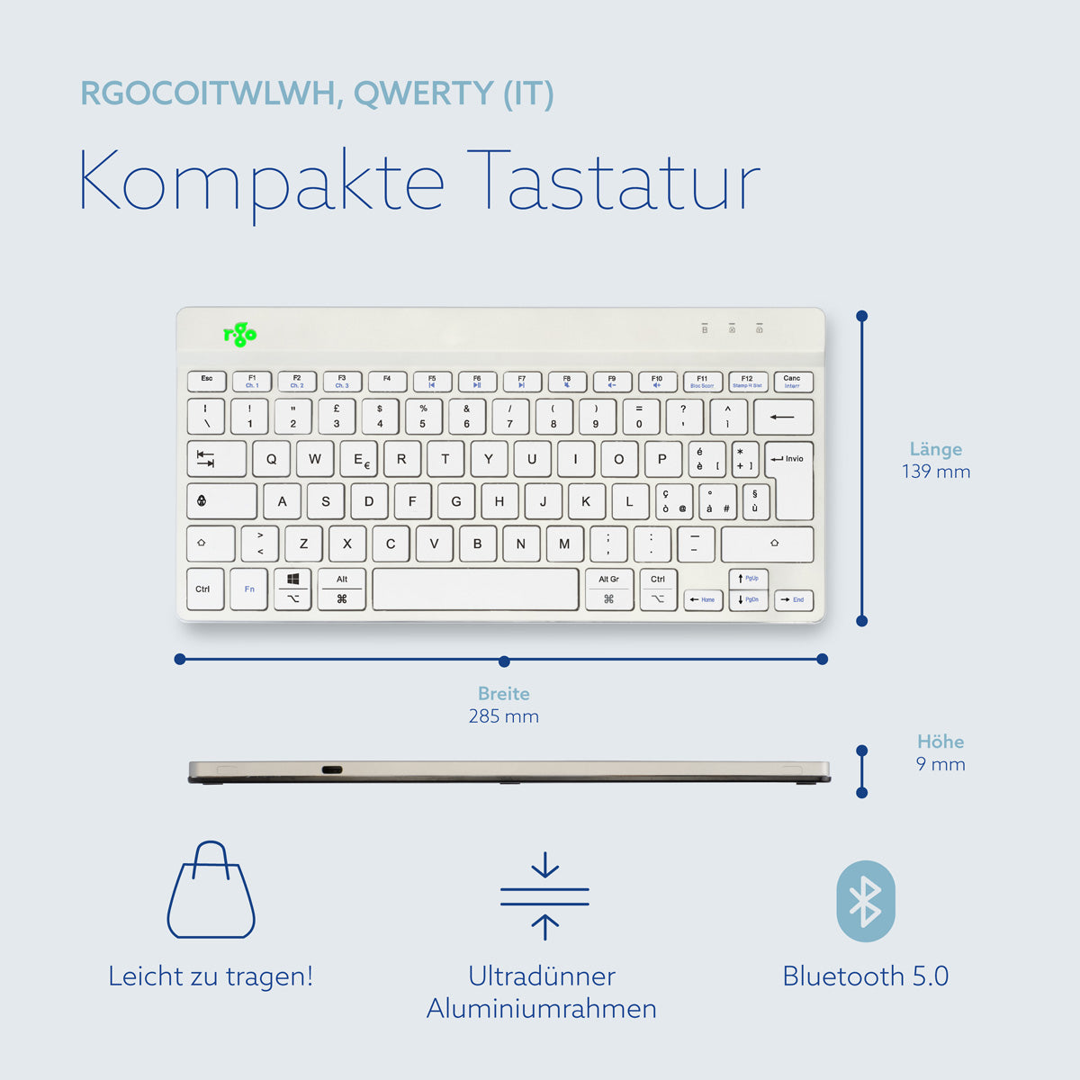R-Go Tools Ergonomische Tastatur R-Go Compact Break, kompakte Tastatur mit Pausensoftware, QWERTY (IT), Bluetooth, Weiß