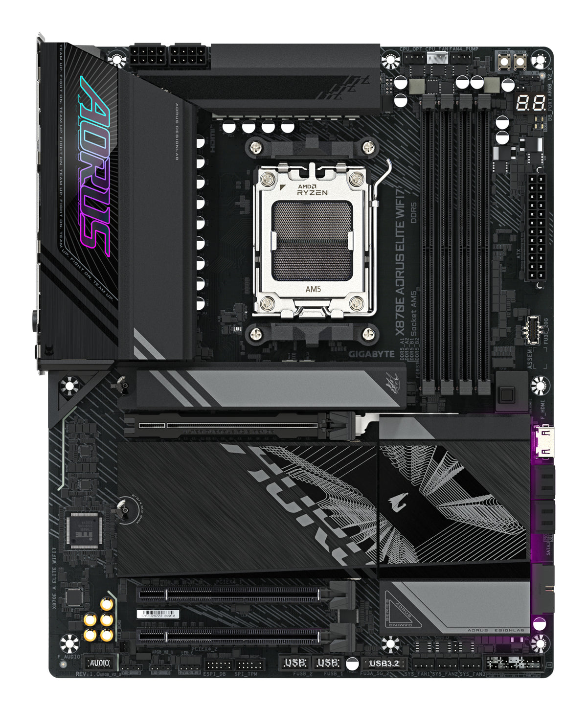 GIGABYTE X870E AORUS ELITE WIFI7 Mainboard - Unterstützt AMD Ryzen 9000 CPUs, 16+2+2 Phasen digitales VRM, bis zu 8000Hz DDR5 (OC), 3xPCIe 5.0 + 1xPCIe 4.0, Wi-Fi 7, 2.5GbE LAN, USB 4