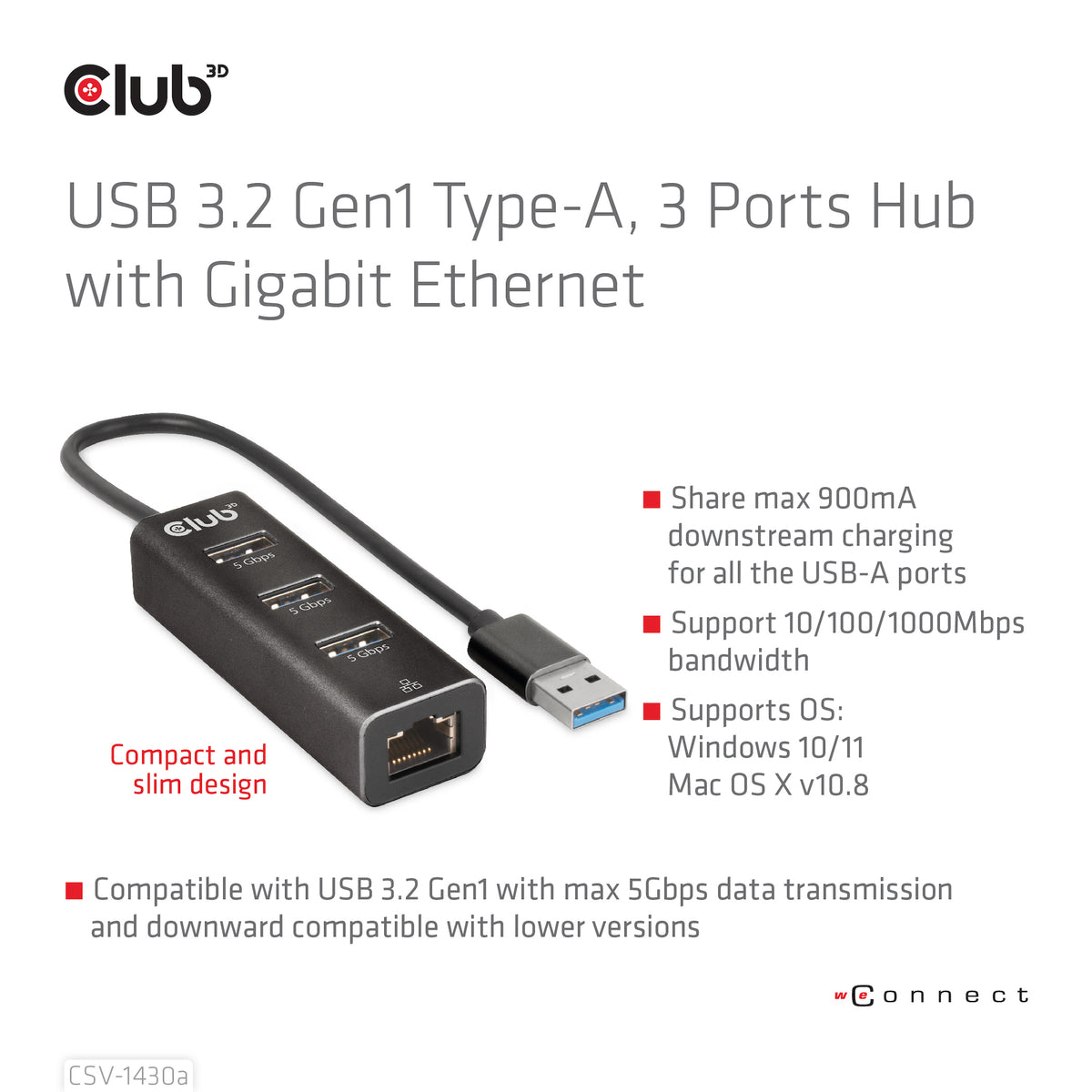 CLUB3D CSV-1430a Kabelgebunden USB 3.2 Gen 1 (3.1 Gen 1) Type-A Schwarz