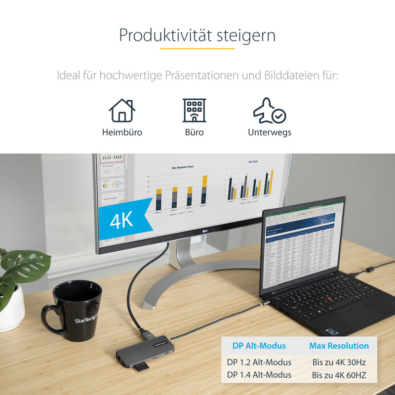 StarTech.com USB C Multiport Adapter, 4K 60Hz HDMI Anschluss, 5Gbit/s USB-A Hub, USB C auf HDMI, 100W PD, GbE, SD/MicroSD, 30cm Kabel, Reiseadapter, Thunderbolt 3 Dockingstation