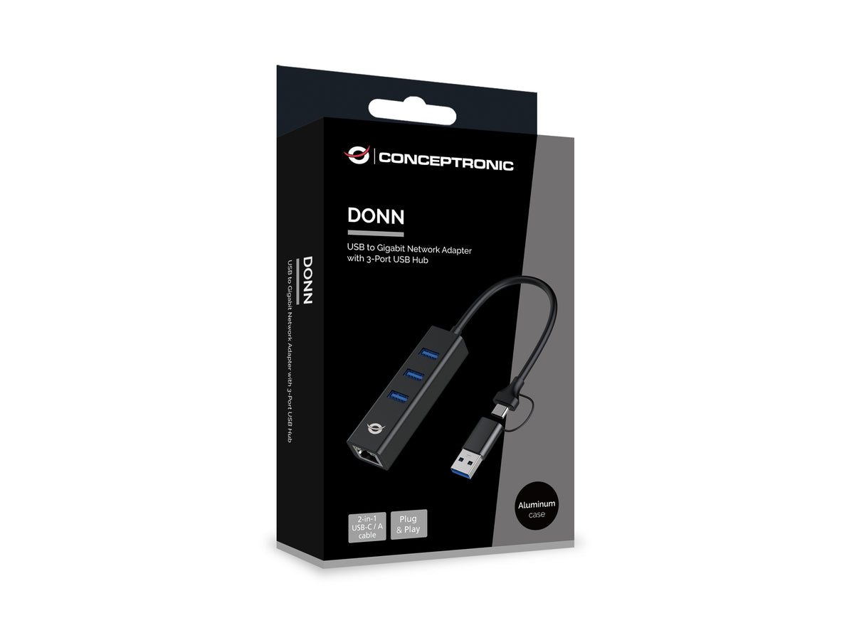 Conceptronic DONN07BA USB zu Gigabit-Netzwerkadapter mit 3-Port-USB-Hub, USB-A x 3, Wake-on-LAN, 2-in-1 USB-C USB-A Cable