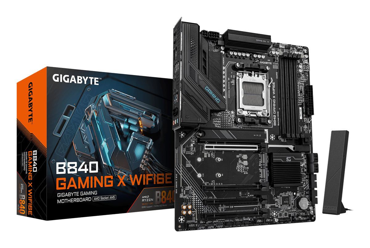 GIGABYTE B840 GAMING X WIFI6E Mainboard - AMD Ryzen 9000 Prozessoren, 12+2+2 Phasen VRM, bis zu 7600MHz DDR5(O.C), 2xPCIe 4.0 + 1xPCIe 3.0 M.2, Wi-Fi 6E, 2.5GbE LAN, USB 3.2 Gen 2
