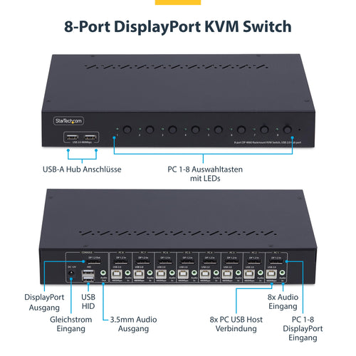 StarTech STARTECH.COM 8 Port DisplayPort KVM Switch 1HE Rackmount Satz 4K 60Hz DP 1.2 Umschalter