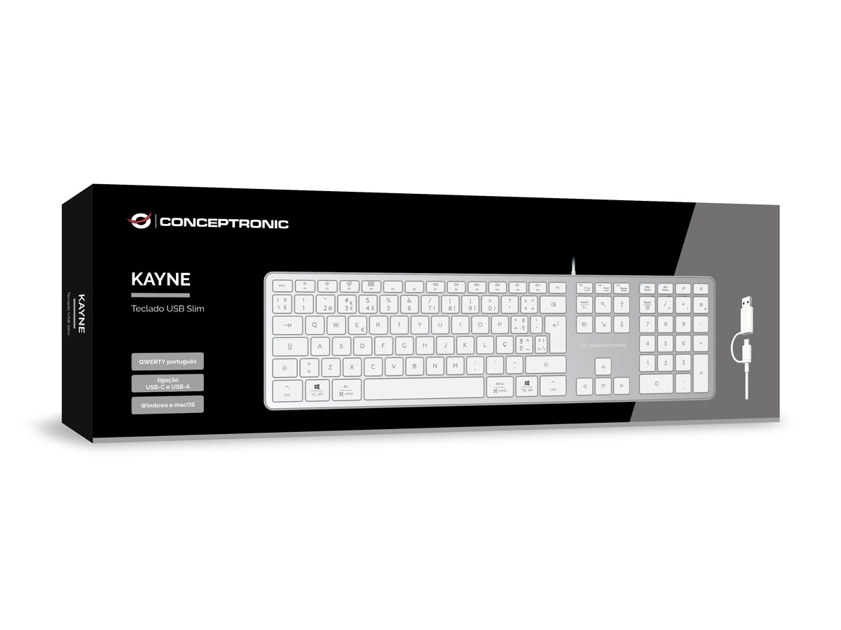 Conceptronic KAYNE02WPT USB Slim-Tastatur, QWERTY Portugiesisch, kompatibel mit Windows und macOS
