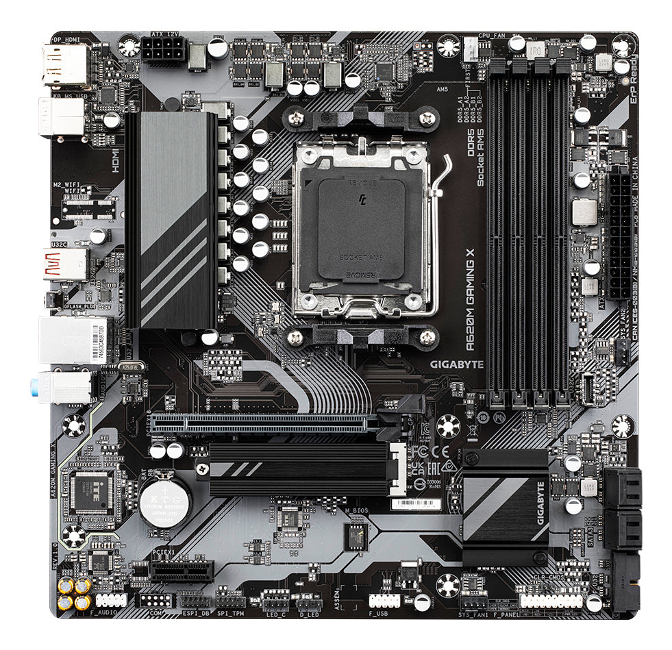 GIGABYTE A620M GAMING X Motherboard - Unterstützt AMD Ryzen 8000 CPUs, 8+2+1 Phasen Digital VRM, bis zu 8000MHz DDR5 (OC), 1xPCIe 4.0 M.2, GbE LAN, USB 3.2 Gen 2
