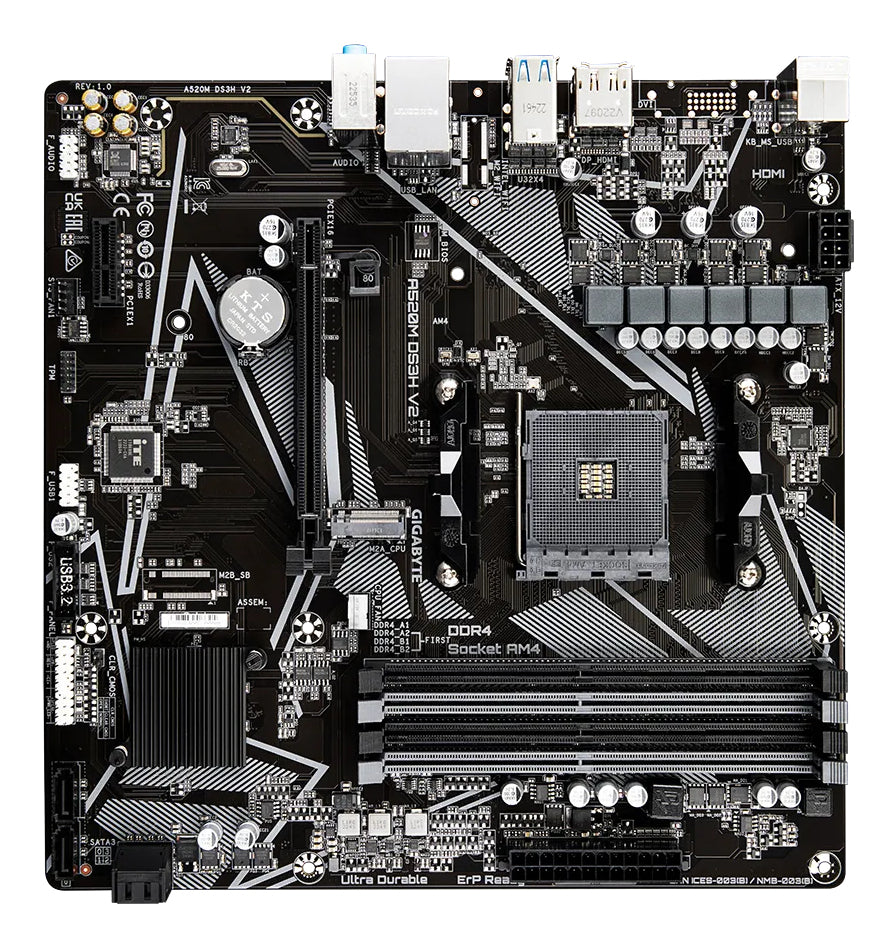 GIGABYTE A520M DS3H V2 Mainboard - Unterstützt AMD Ryzen 5000 Serie AM4 CPUs, bis zu 4733 MHz DDR4 (OC), PCIe 3.0 x16, GbE LAN, USB 3.2 Gen 1