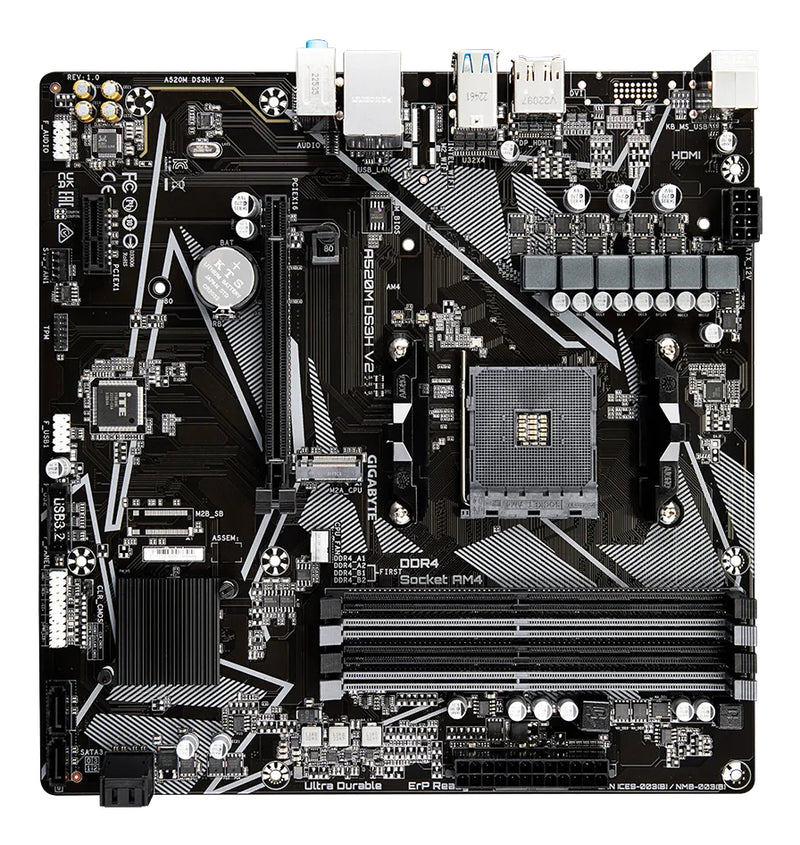 GIGABYTE A520M DS3H V2 Mainboard - Unterstützt AMD Ryzen 5000 Serie AM4 CPUs, bis zu 4733 MHz DDR4 (OC), PCIe 3.0 x16, GbE LAN, USB 3.2 Gen 1