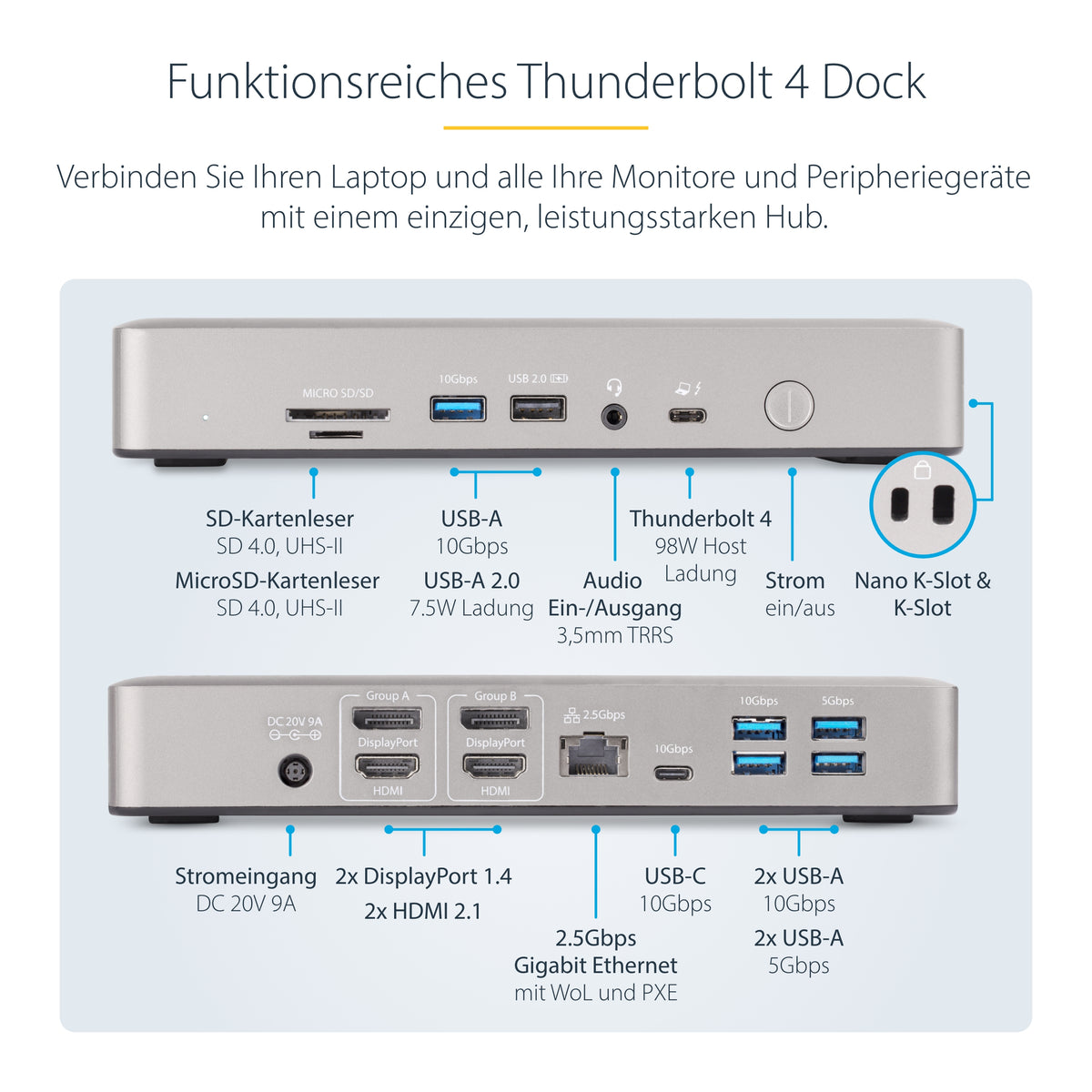 StarTech.com Universelle Thunderbolt 4 und USB4 Dockingstation, Quad-Display unter Windows, Dual-Display mit MacBook, HDMI DP-Dock mit 100W Ladung