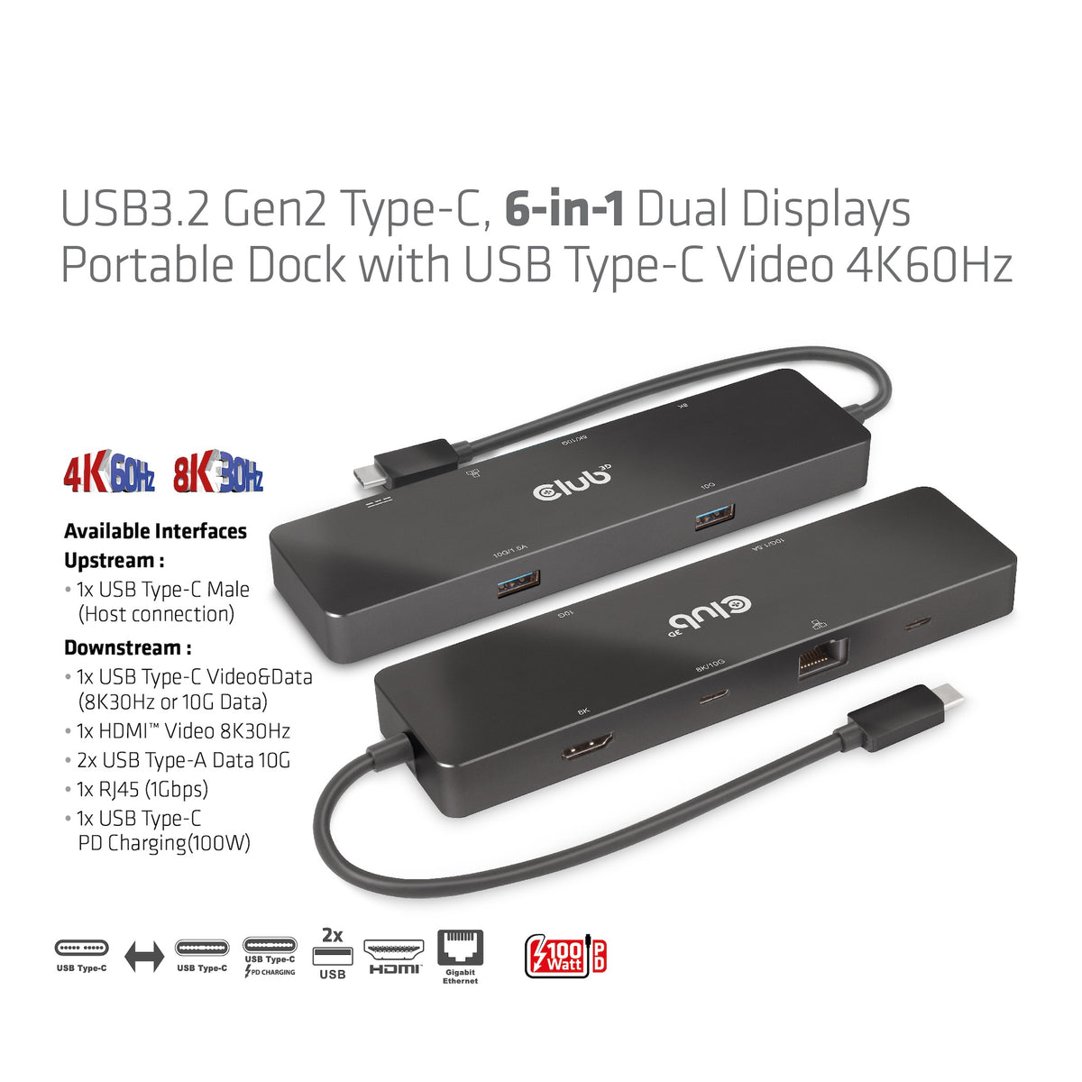 CLUB3D 6-in-1 USB3.2 Gen2 Typ-C Dual Displays Portable Dock mit USB Typ-C Video 4K60Hz