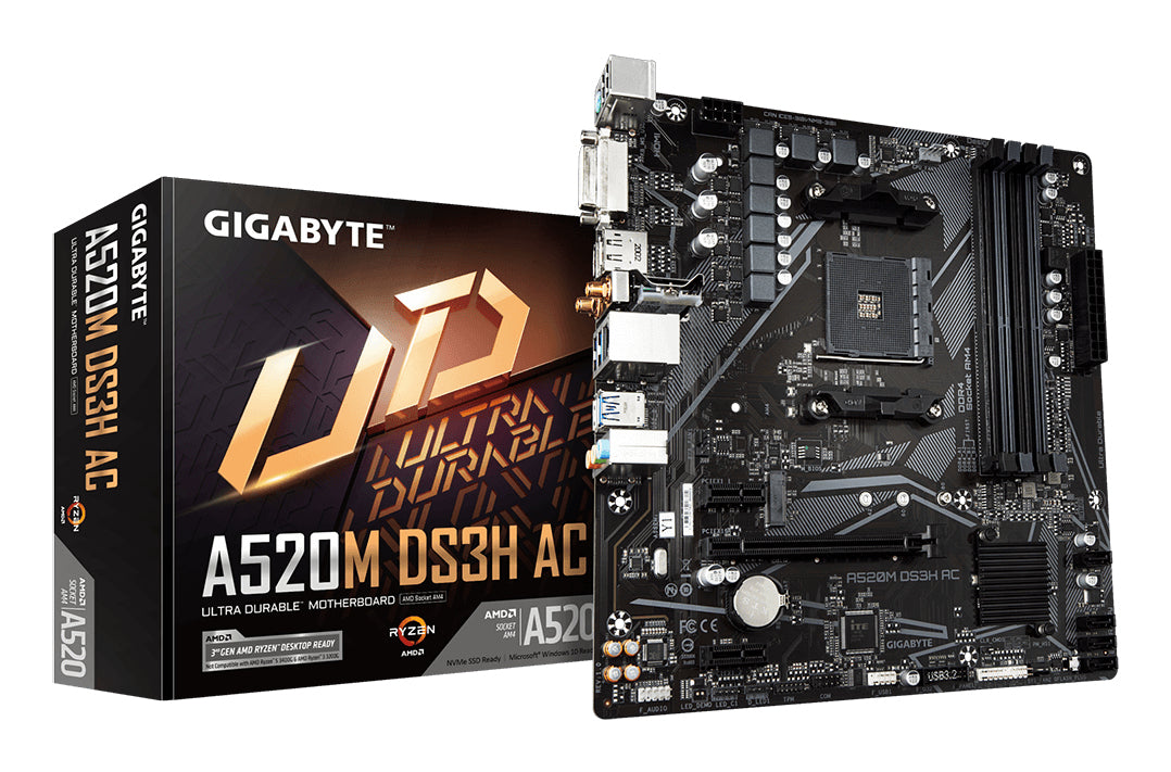 GIGABYTE A520M DS3H AC Mainboard - AMD Ryzen 5000 Serie CPUs, 5+3 Phasen VRM, bis zu 4733 MHz DDR5 (OC), 1xPCIe 3.0 M.2, GbE LAN, WIFI 5, USB 3.2 Gen 1