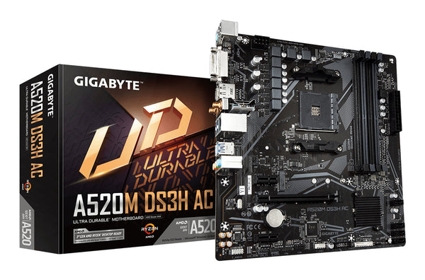 GIGABYTE A520M DS3H AC Mainboard - AMD Ryzen 5000 Serie CPUs, 5+3 Phasen VRM, bis zu 4733 MHz DDR5 (OC), 1xPCIe 3.0 M.2, GbE LAN, WIFI 5, USB 3.2 Gen 1