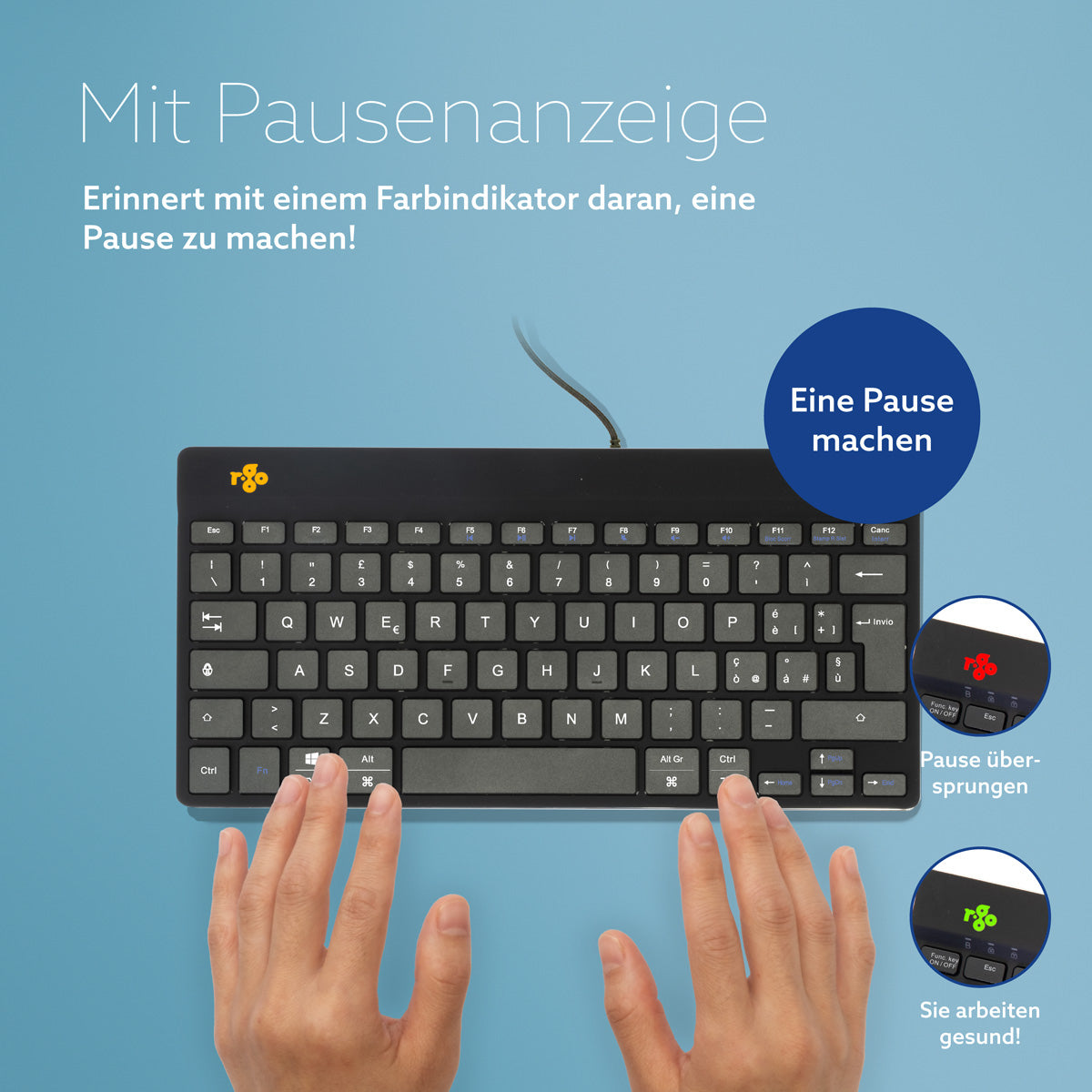 R-Go Tools Ergonomische Tastatur R-Go Compact Break, kompakte Tastatur mit Pausensoftware, QWERTY (IT), Kabelgebunden, Schwarz