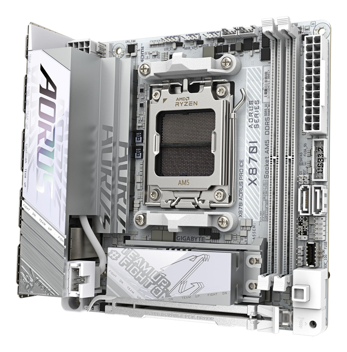 GIGABYTE X870I AORUS PRO ICE Mainboard - Unterstützt AMD Ryzen 9000er-Serie CPUs, 8+2+1 Phasen VRM, bis zu 8400 MHz DDR5 (OC), 1xPCIe 5.0 M.2 + 1xPCIe 4.0 M.2, WI-FI 7, 2,5 GbE LAN, USB 4
