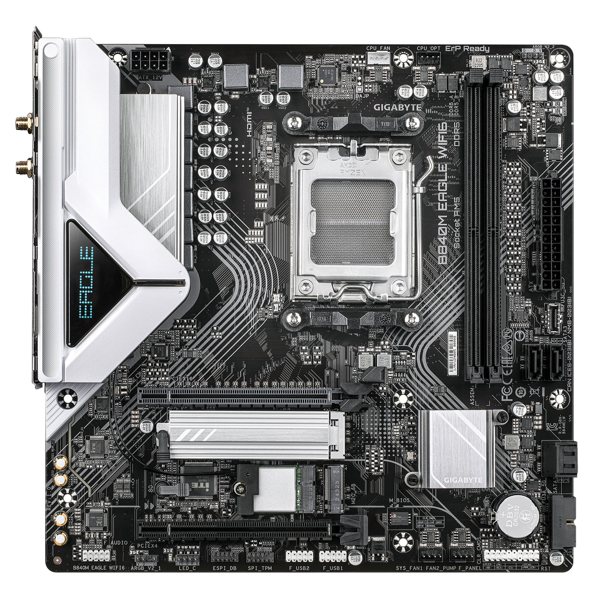GIGABYTE B840M EAGLE WIFI6 Mainboard – AMD Ryzen 9000 Prozessoren, 5+2+2 Phasen VRM, bis zu 7600 MHz DDR5 (O.C.), 1 x M.2 PCIe 4.0 + 1 x M.2 PCIe 3.0, Wi-Fi 6, 2.5 GbE LAN, USB 3.2 Gen 1