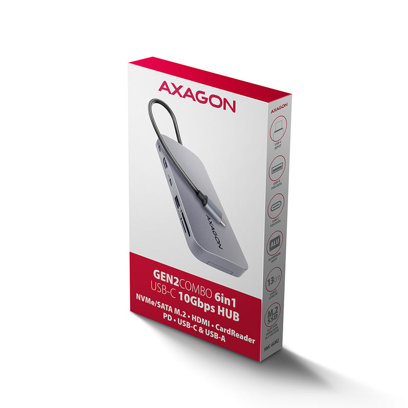 Axagon HMC-6GM2 USB 10Gbps hub USB-A USB-C HDMI M.2 SD/mSD PD 100W USB-C Kabelgebunden USB 3.2 Gen 2 (3.1 Gen 2) Type-C Grau