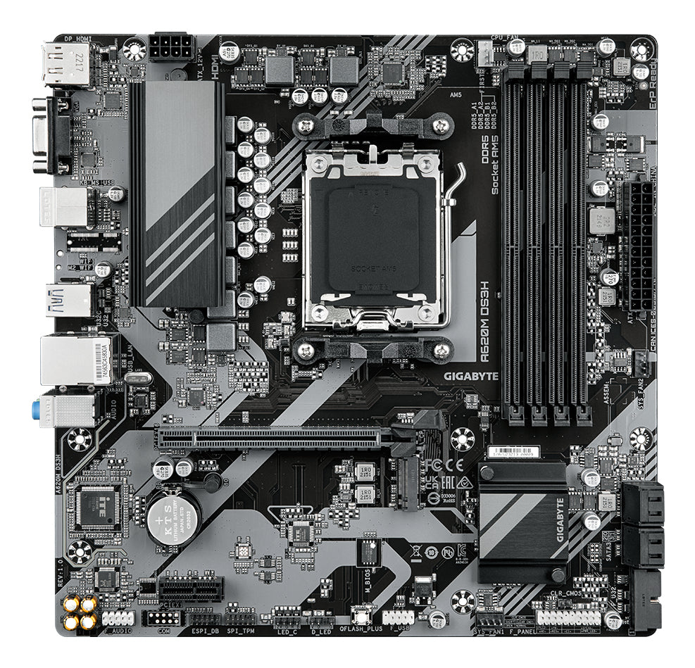 GIGABYTE A620M DS3H Motherboard - Unterstützt AMD Ryzen 8000 CPUs, 5+2+2 Phasen Digital VRM, bis zu 7600MHz DDR5 (OC), 1xPCIe 4.0 M.2, GbE LAN, USB 3.2 Gen 1
