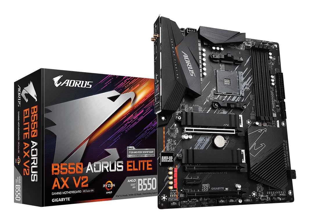 GIGABYTE B550 AORUS ELITE AX V2 Mainboard – AMD Ryzen 5000 CPUs, 12+2 Phasen VRM, bis zu 4733 MHz DDR4, 1xPCIe 4.0 + 1xPCIe 3.0 M.2, Wi-Fi 6E, 2.5GbE LAN, USB 3.2 Gen 2