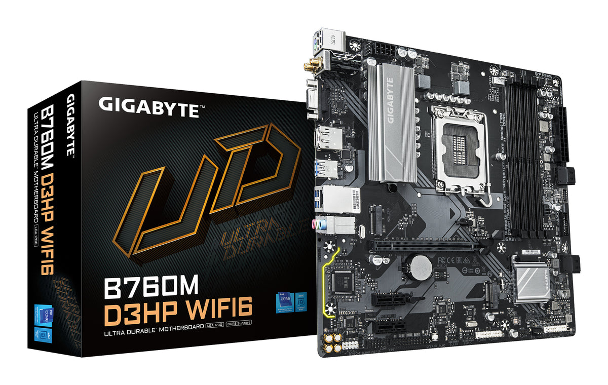 GIGABYTE B760M D3HP WIFI6 Mainboard – Unterstützt Intel Core Prozessoren der 14. Generation, digitales 4+1+1 Phasen VRM, bis zu 5600 MHz DDR5, 2x PCIe 4.0 M.2, Wi-Fi 6, GbE LAN, USB 3.2 Gen 1